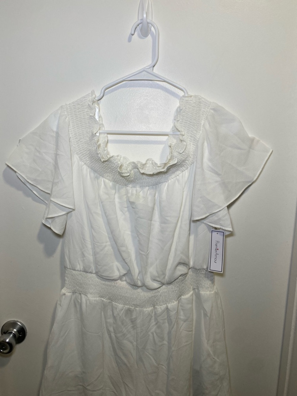 White Ruffle-Smock Mini Dress with Flutter Sleeves - Picture 3 of 5